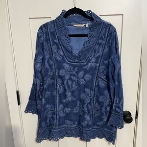 Soft Surroundings Blue Embroidered Eyelet Tunic Top Blouse Breezy Lagenlook Med
